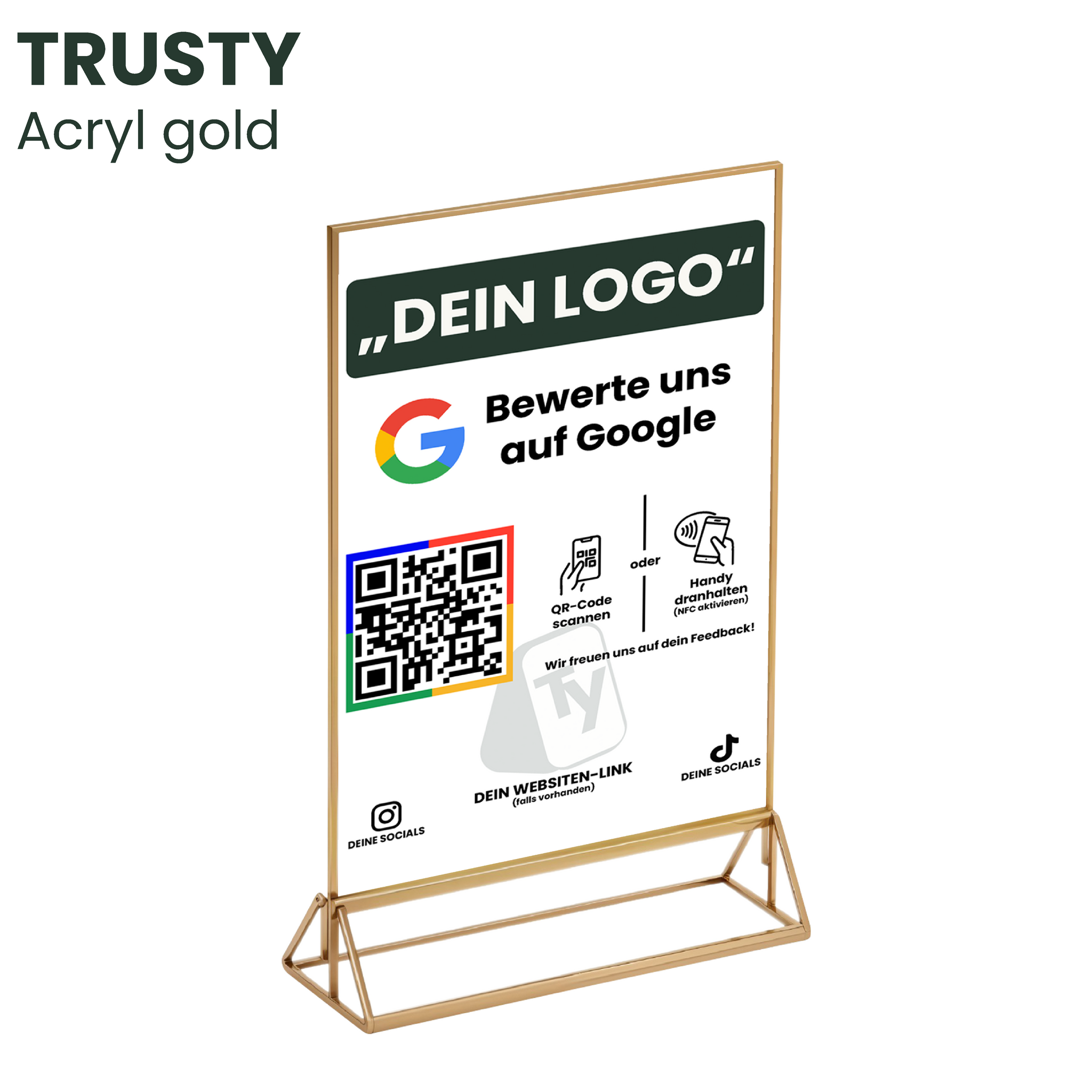  Trustyify Acryl gold – edler Bewertungsaufsteller mit QR-Code und NFC für Google Bewertungen, eleganter Goldrahmen im modernen Design