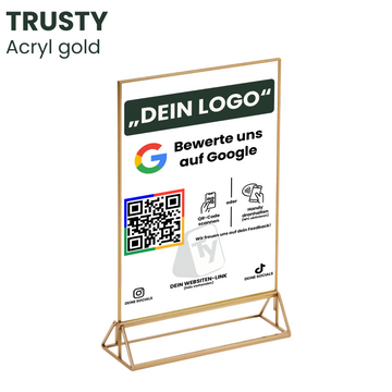  Trustyify Acryl gold – edler Bewertungsaufsteller mit QR-Code und NFC für Google Bewertungen, eleganter Goldrahmen im modernen Design