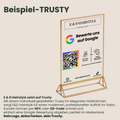 Beispiel Trustyify Bewertungsaufsteller im Friseursalon – Google Bewertung mit QR-Code und NFC, individuelles Design mit Logo und Farben