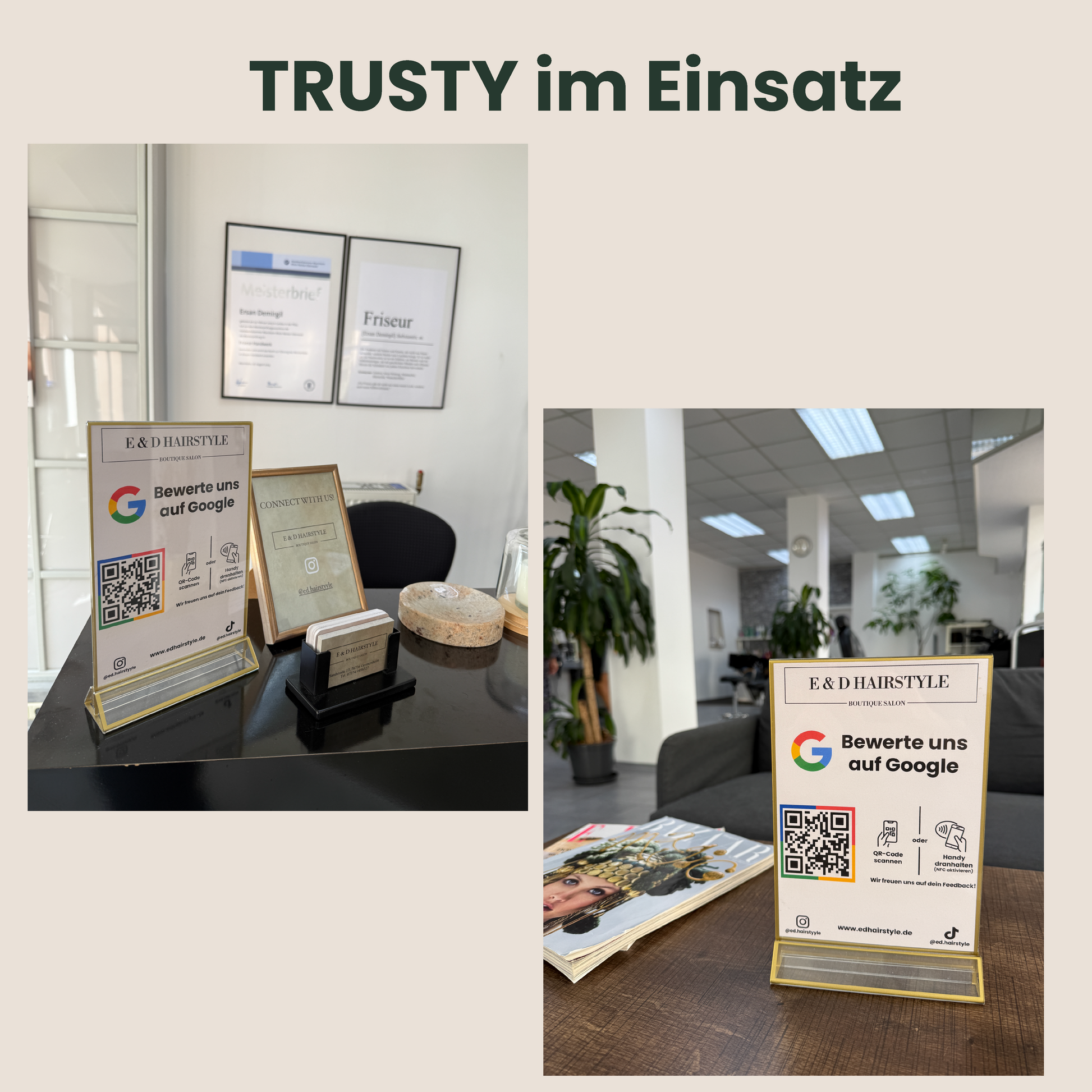 Trustyify Bewertungsaufsteller im Friseursalon im Einsatz – Google Bewertung schnell per NFC oder QR-Code abgeben