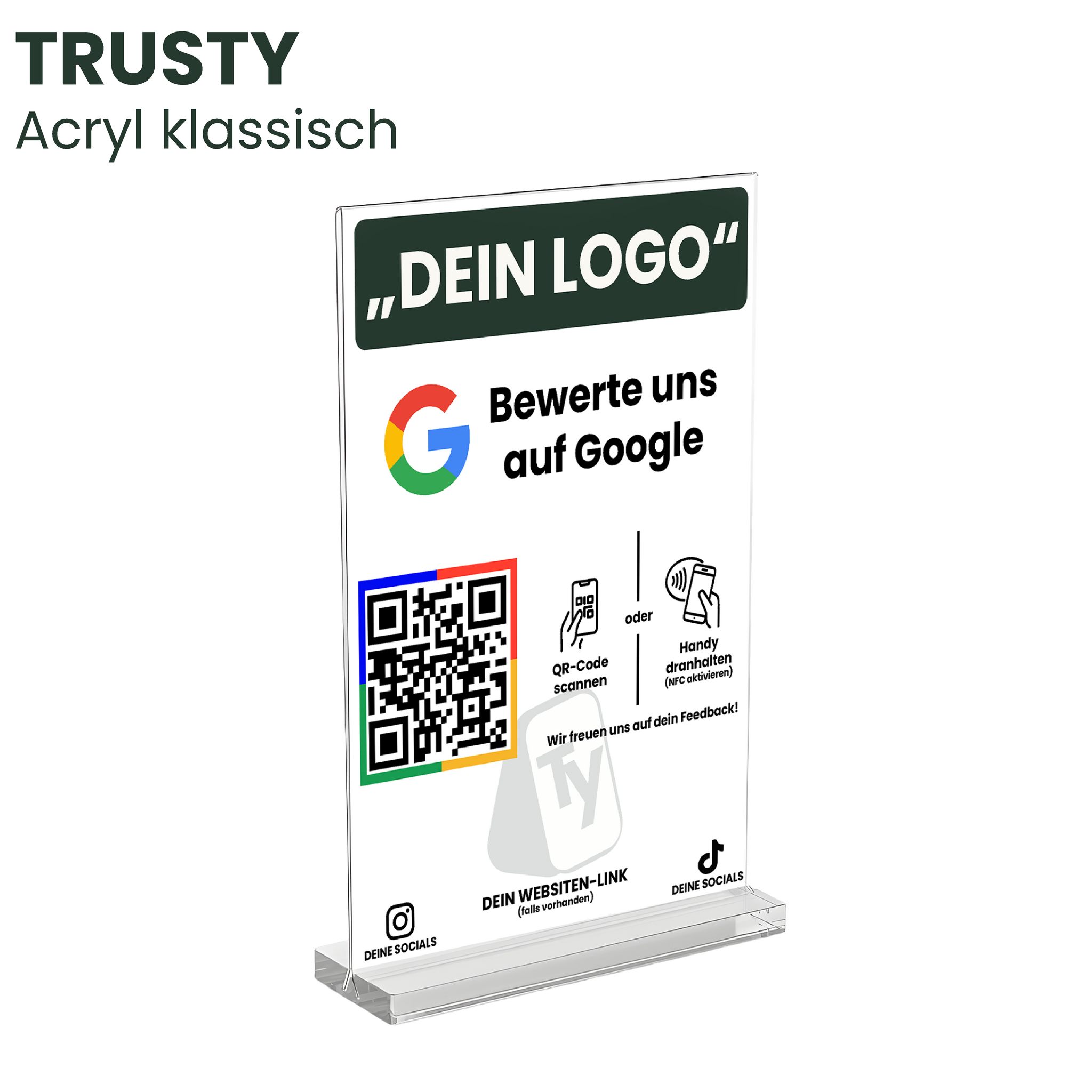 Trusty Acryl klassisch – Google Bewertungsaufsteller mit QR-Code und NFC für Kundenbewertungen