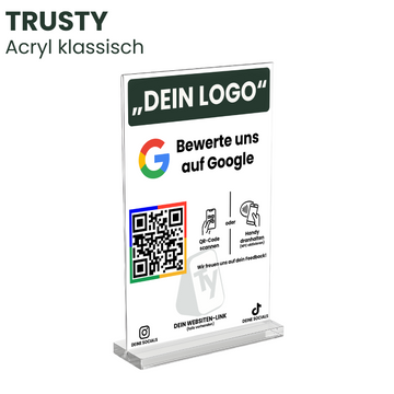Trusty Acryl klassisch – Google Bewertungsaufsteller mit QR-Code und NFC für Kundenbewertungen