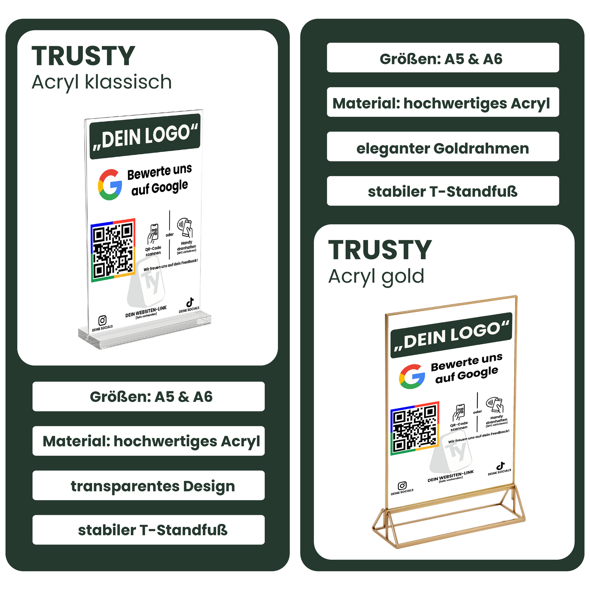 TRUSTYIFY Aufsteller Vergleich: Acryl klassisch mit transparentem Design und stabilem T-Standfuß, sowie Acryl gold mit elegantem Goldrahmen – beide verfügbar in den Größen A5 & A6 aus hochwertigem Acryl“