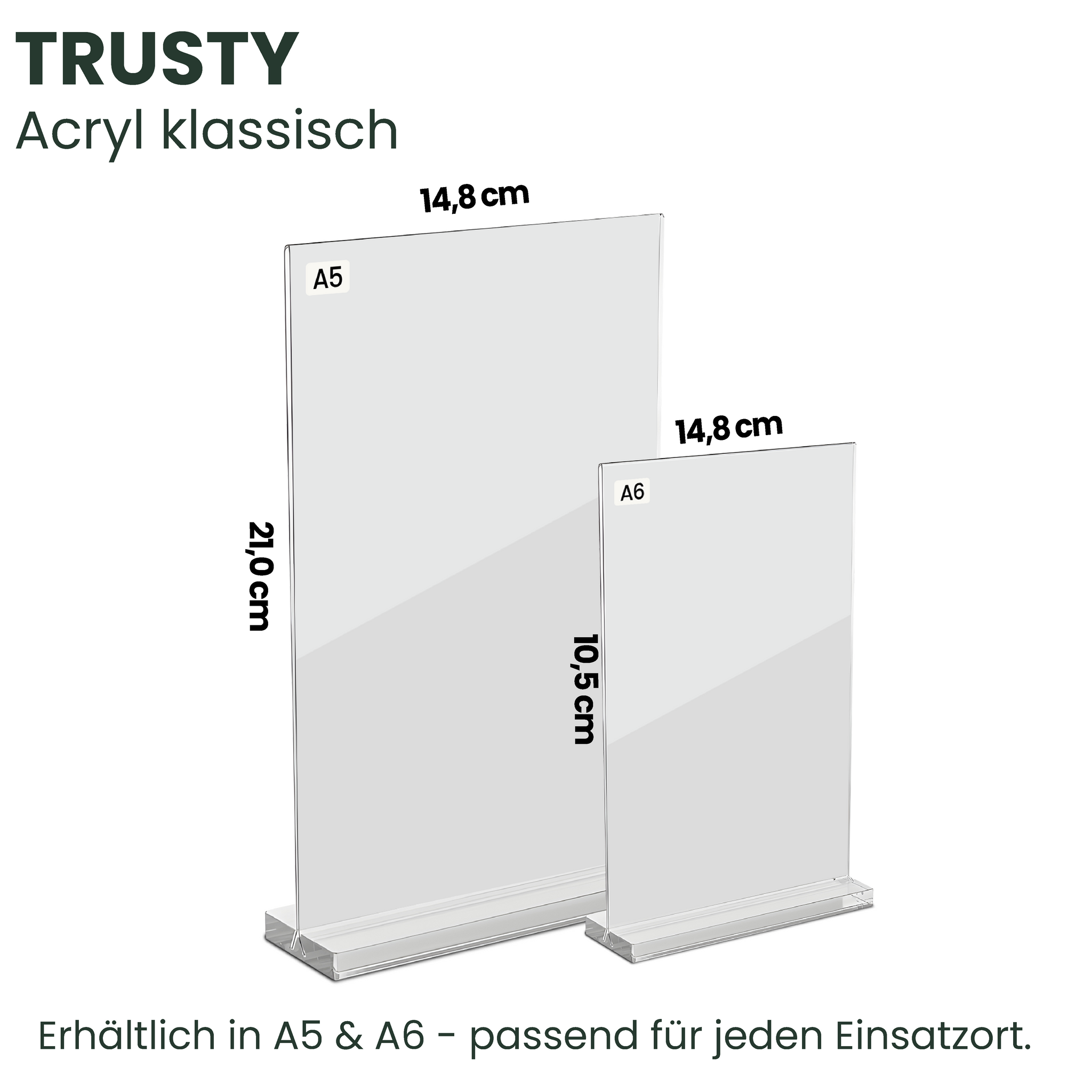 TRUSTYIFY Acryl-Aufsteller klassisch in den Größen A5 (21 x 14,8 cm) und A6 (14,8 x 10,5 cm) – stabiler L-Ständer, ideal für alle Einsatzorte“