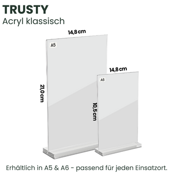 TRUSTYIFY Acryl-Aufsteller klassisch in den Größen A5 (21 x 14,8 cm) und A6 (14,8 x 10,5 cm) – stabiler L-Ständer, ideal für alle Einsatzorte“