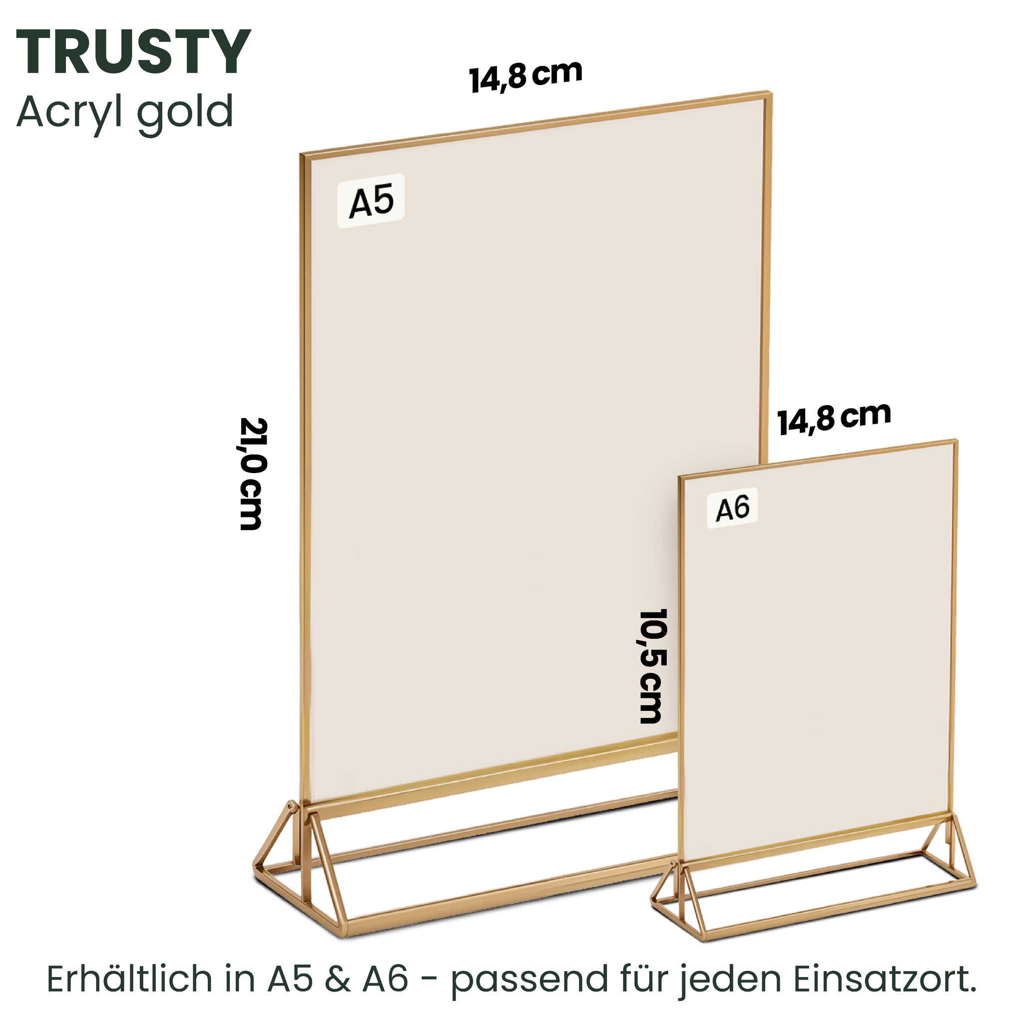 Trustyify Google Bewertungsaufsteller Acryl gold – Größenvarianten A5 (21x14,8 cm) und A6 (14,8x10,5 cm)