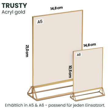 Trustyify Google Bewertungsaufsteller Acryl gold – Größenvarianten A5 (21x14,8 cm) und A6 (14,8x10,5 cm)