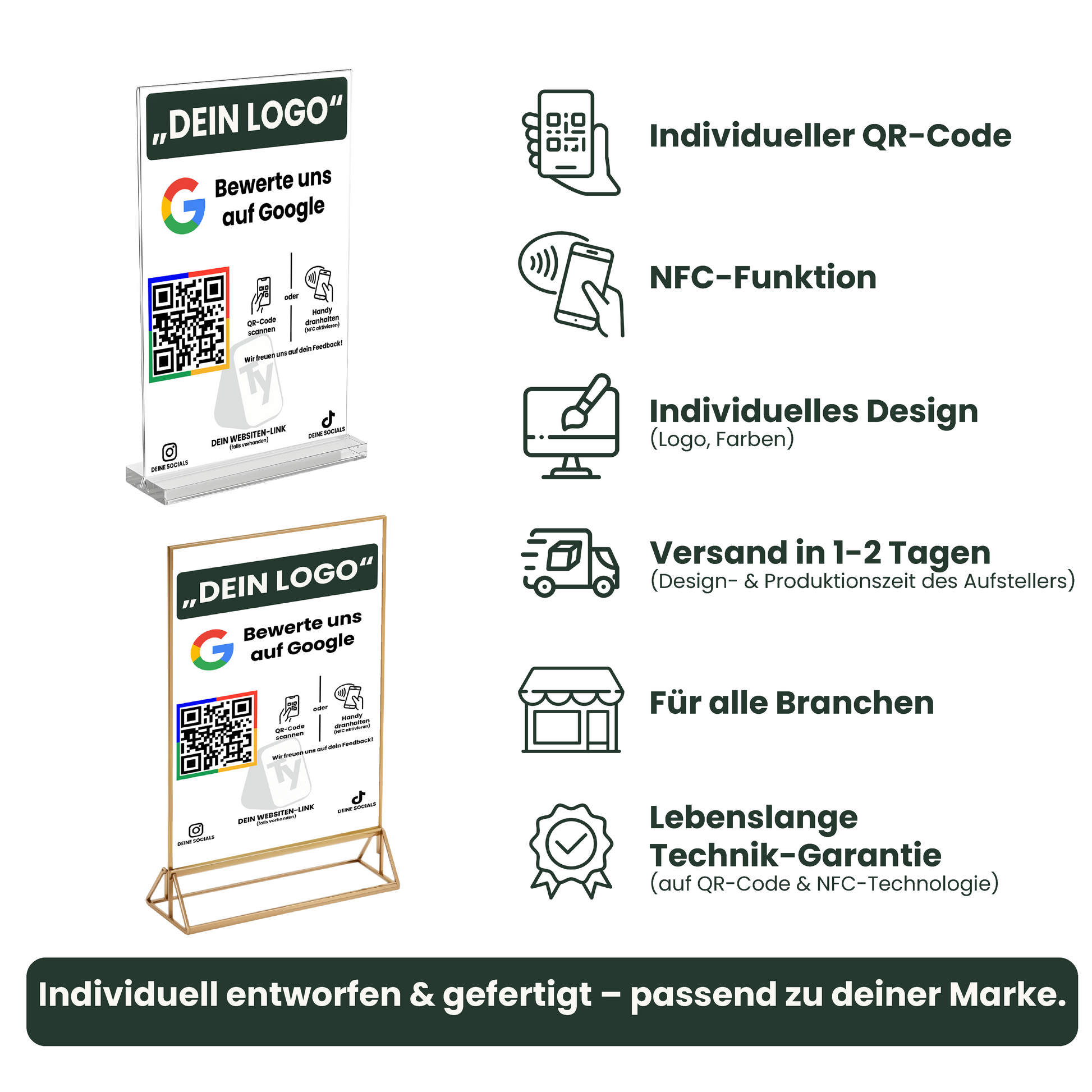 TRUSTYIFY Bewertungsaufsteller mit QR-Code und NFC – individuell designt, schnelle Lieferung, lebenslange Technik-Garantie, für alle Branchen geeignet