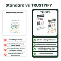 Vergleich Standard-Bewertungsaufsteller vs. TRUSTYIFY – individuelles Design mit QR & NFC für mehr Markenauftritt und Vertrauen