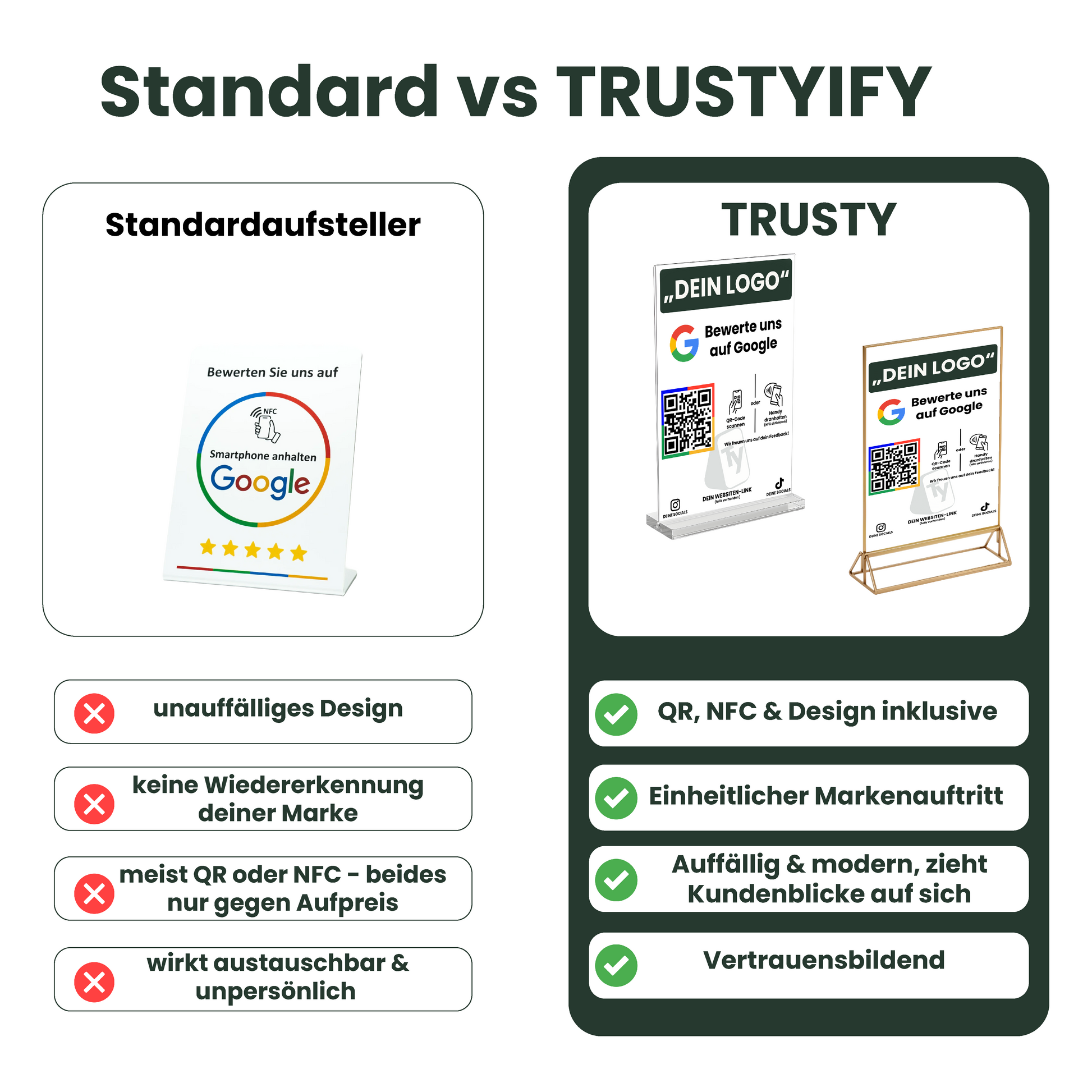 Vergleich Standard-Bewertungsaufsteller vs. TRUSTYIFY – individuelles Design mit QR & NFC für mehr Markenauftritt und Vertrauen